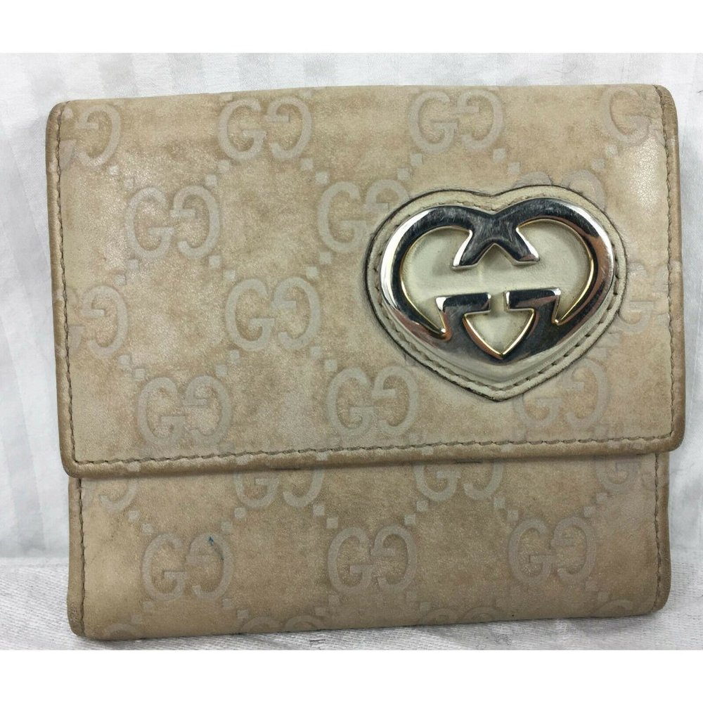 RESTORE Auth Gucci GG Heart Bifold Compact Wallet Beige Imprime Embossed